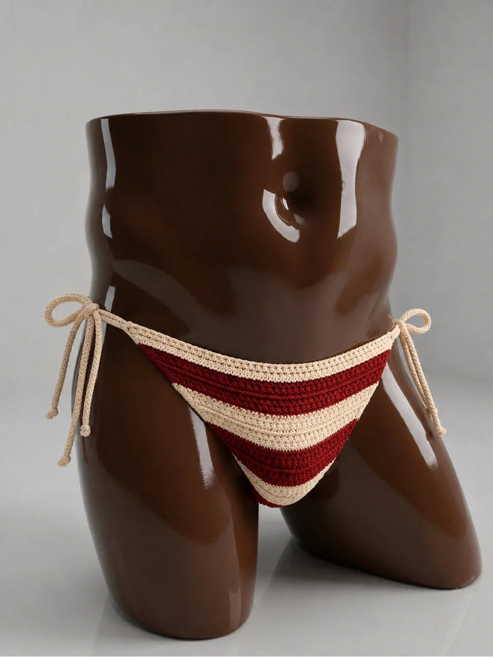 Sexy men’s Crochet Tie-Side Bikini Bottoms in Brick Red and Cream | XL